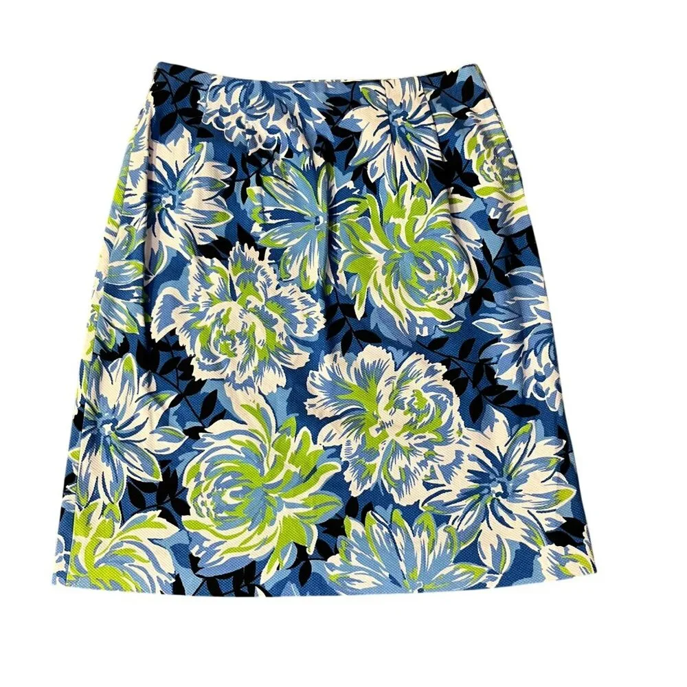 Grace Elements Skirt 2P Petite Blue Green Floral Cotton Blend Bow Pockets Used - Picture 1 of 13